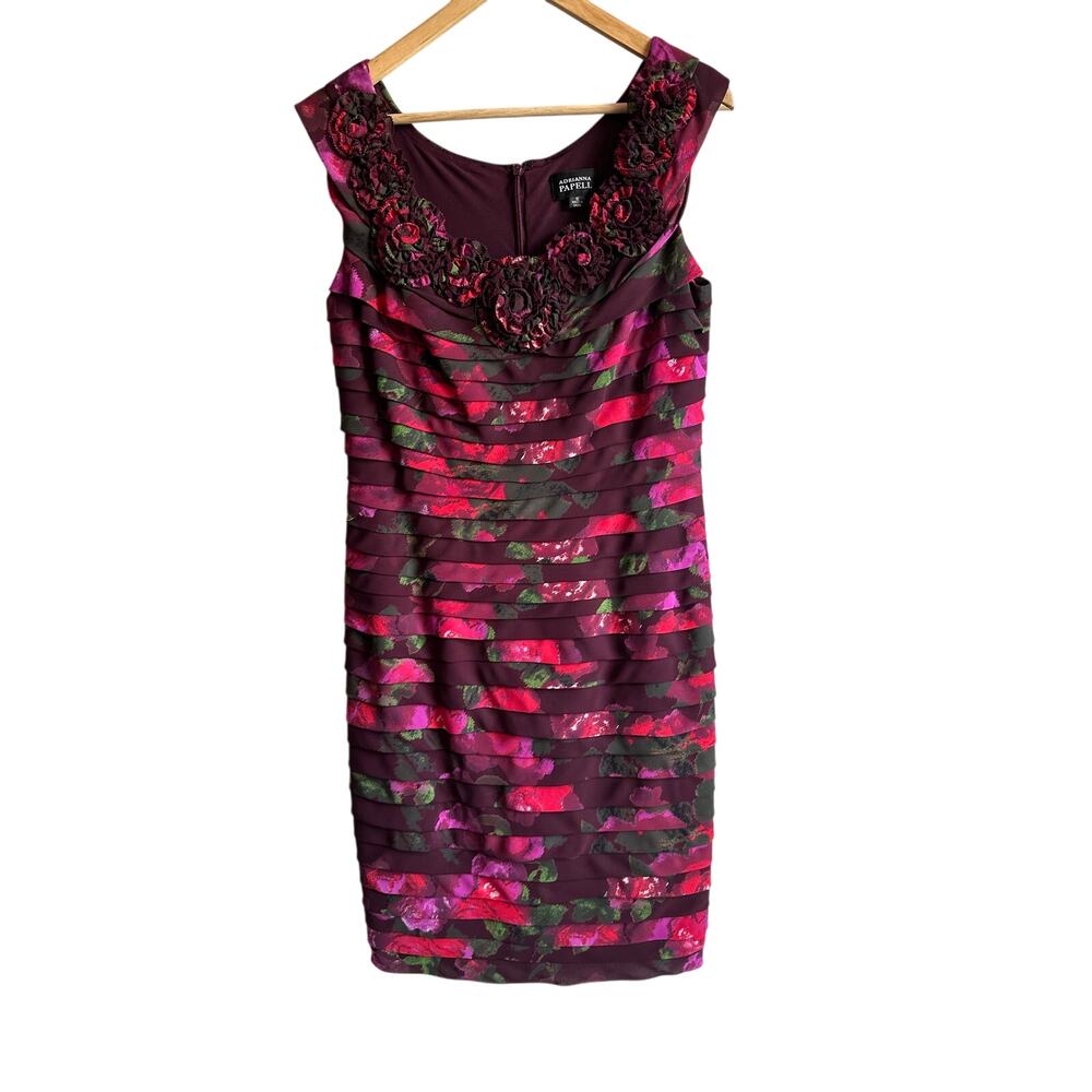 Adrianna Papell Floral Tiered Ruffle Sheath Special Occasion Dress Red Pink 10